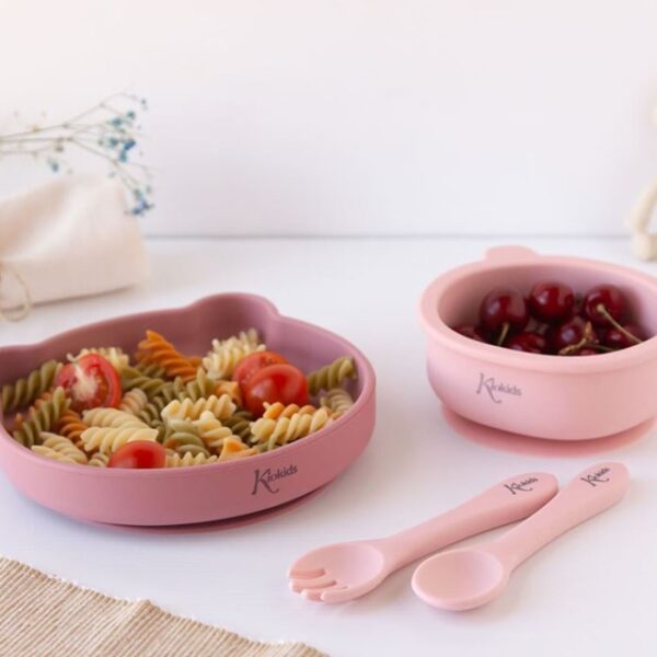 Kiokids stoviglie in silicone 4 pezzi rosa
