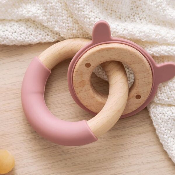 Kiokids massaggiagengive legno e silicone rosa coniglio +3m