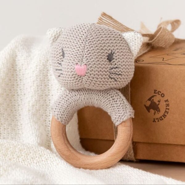 Kiokids massaggiagengive gattino legno e cotone 13cm grigio
